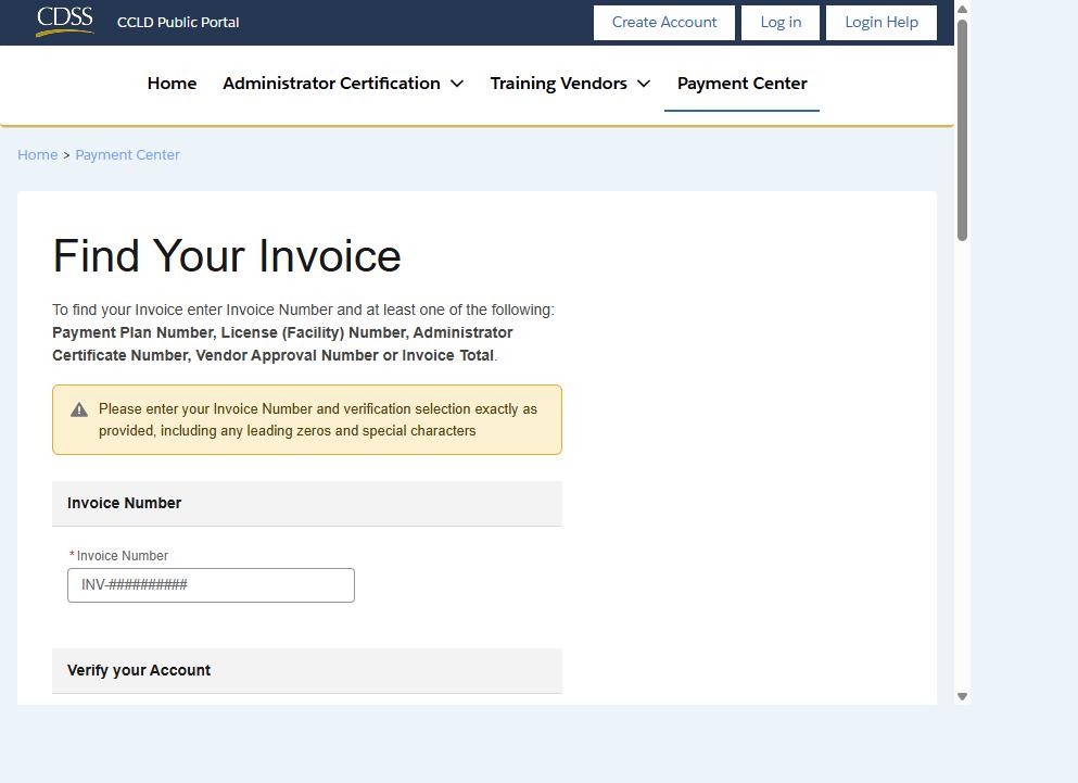 The Find Your Invoice page of the CCLD Payment Center, showing the Invoice Number box.