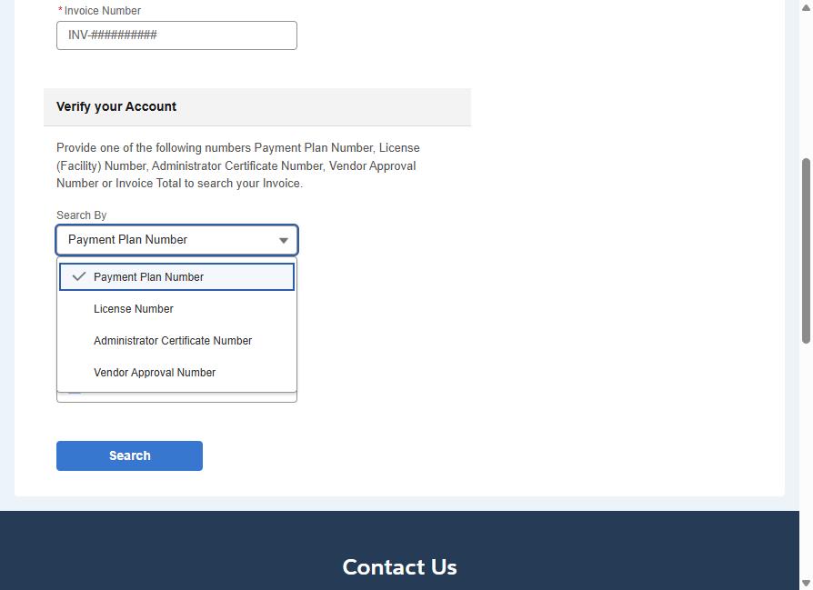 The Search By drop-down open, listing Payment Plan Number, License Number, Administrator Certificate Number and Vendor Approval Number.