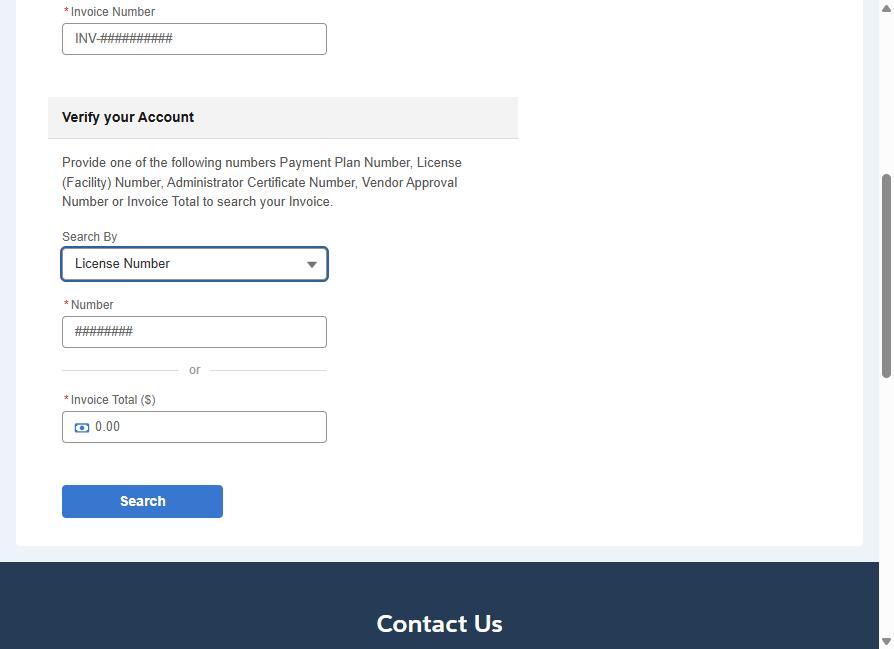 Search By set to License Number, with the Number box below it.