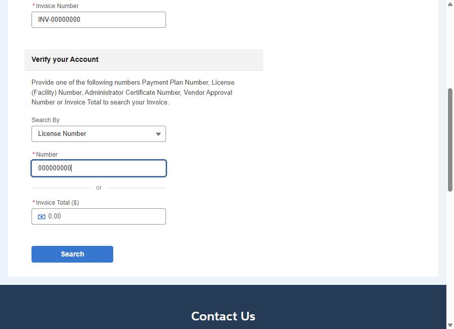 The form filled in with example numbers only, ready to click Search.